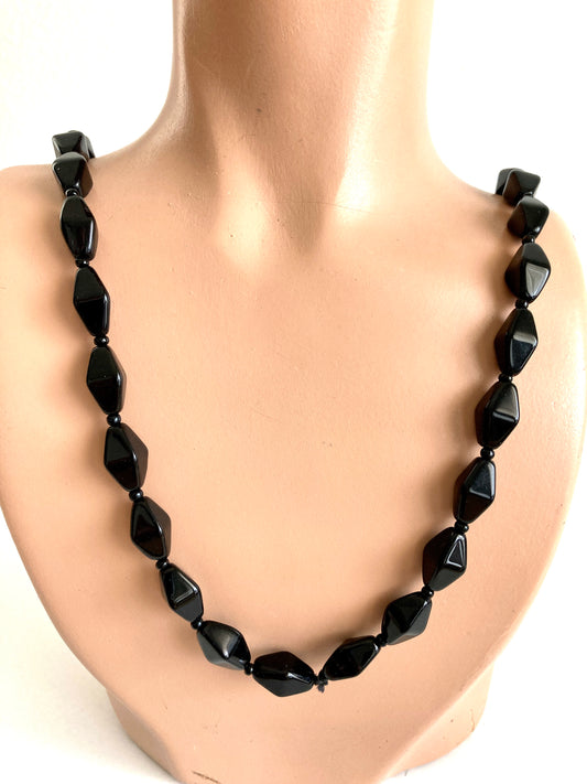 Vintage Black Glass Bicone Bead Necklace