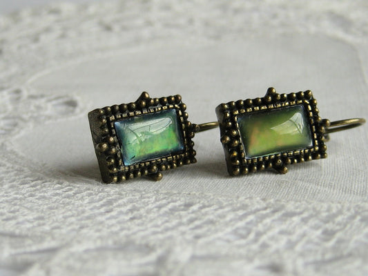 Antiqued Brass Moon Glow Earrings in Green