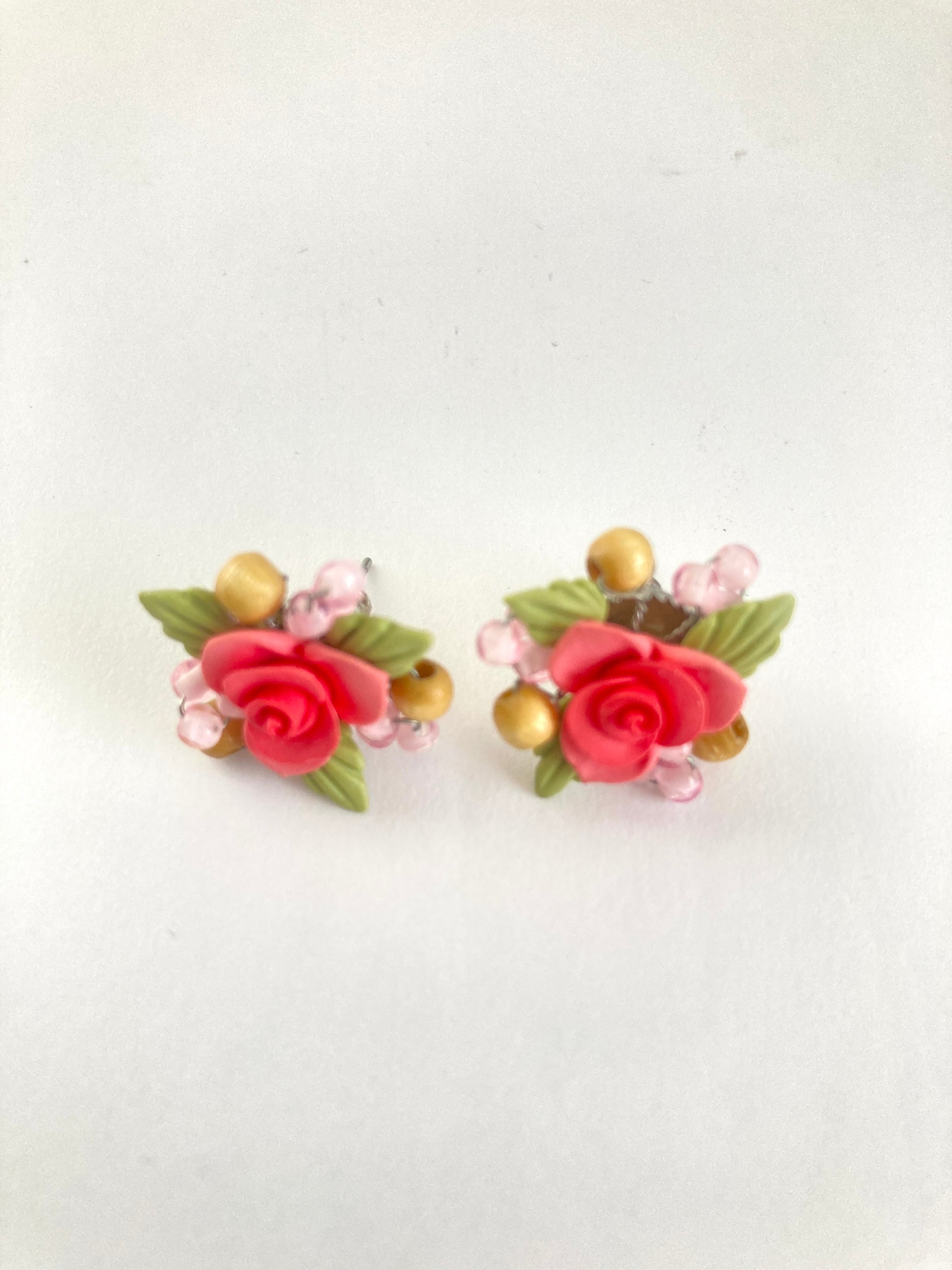 Pink Flower Clay and Bead Tiny Earrings