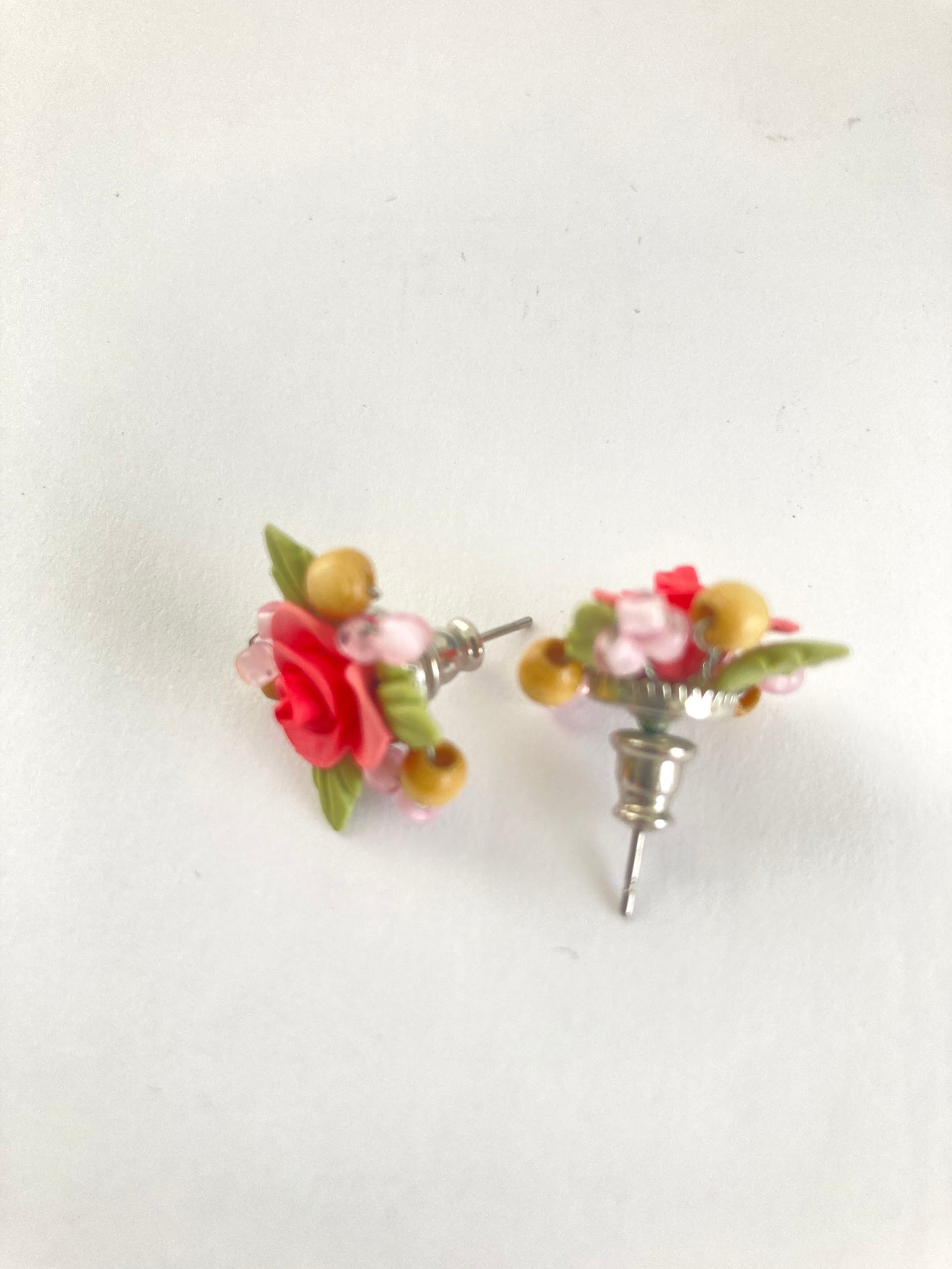 Pink Flower Clay and Bead Tiny Earrings