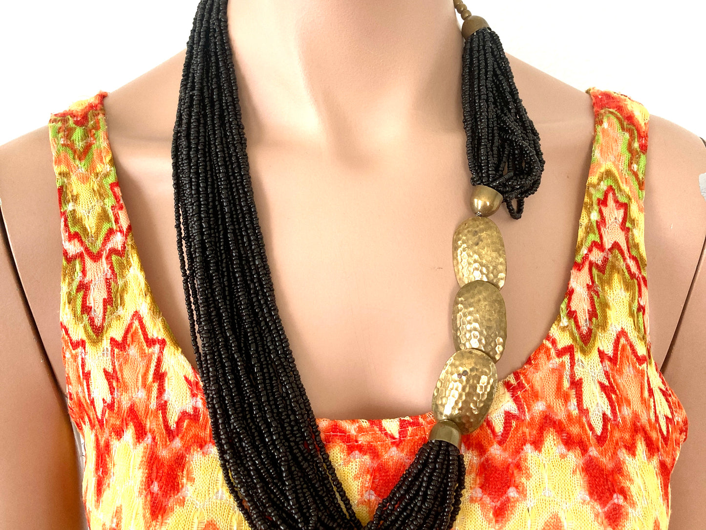 Black Multi-Strand Seed Bead Necklace w/Chunky Brass Accents