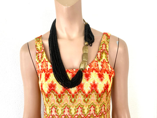 Black Multi-Strand Seed Bead Necklace w/Chunky Brass Accents