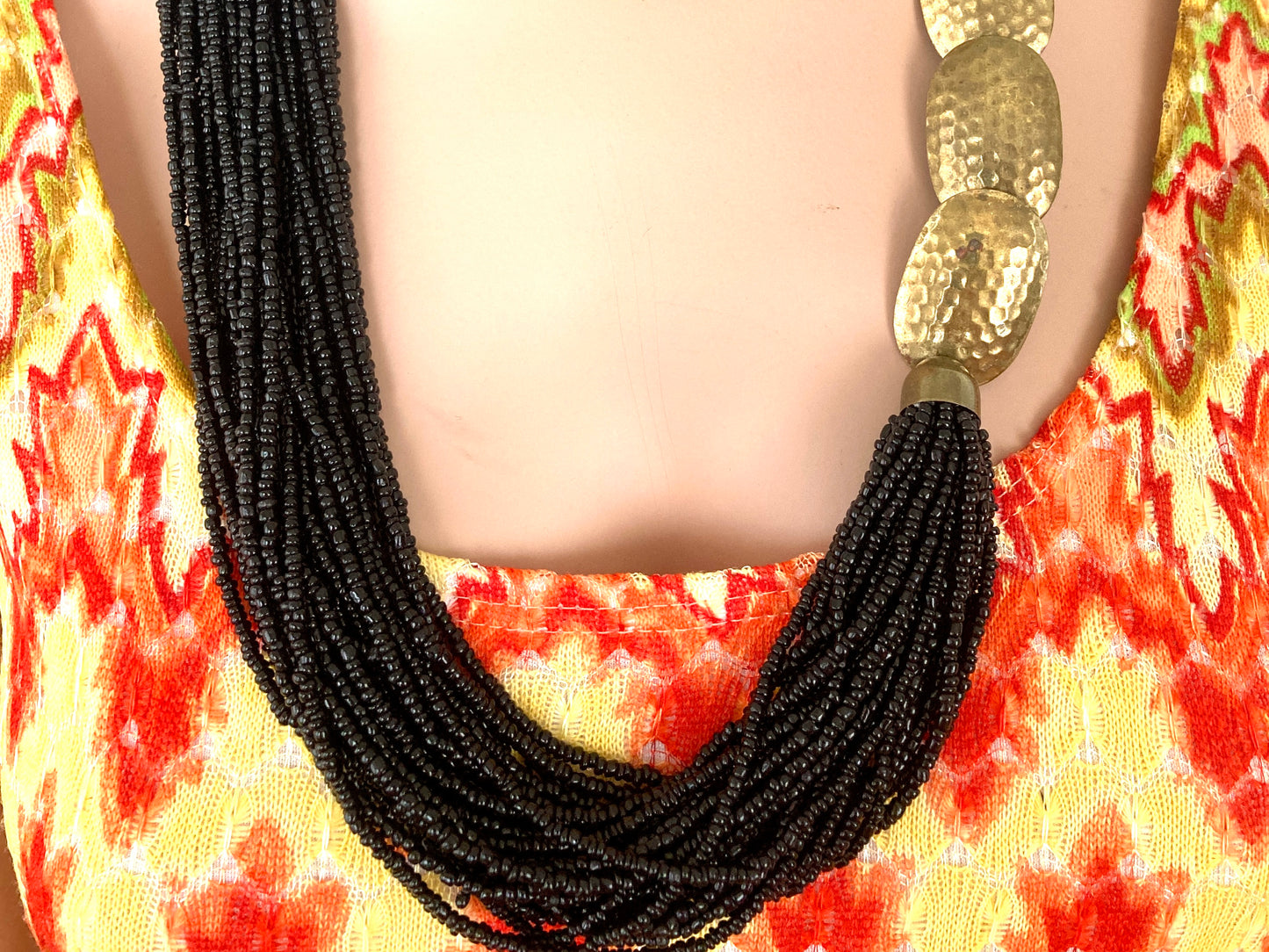 Black Multi-Strand Seed Bead Necklace w/Chunky Brass Accents