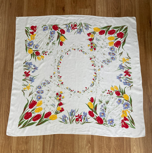 Vintage Linen Tablecloth w/ Spring Flowers