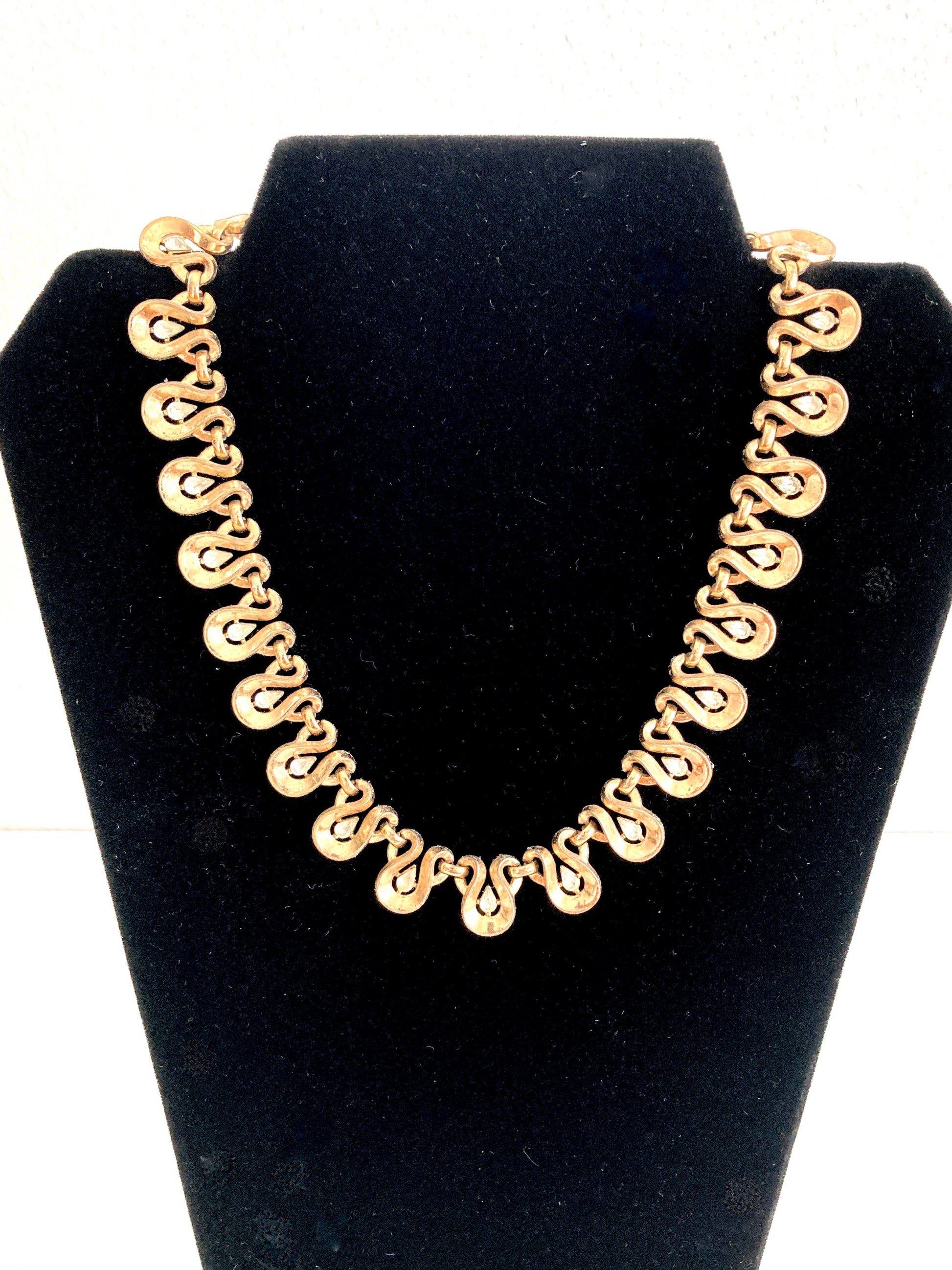  1930s Trifari Gold Tone Teardrop & Crystal Necklace