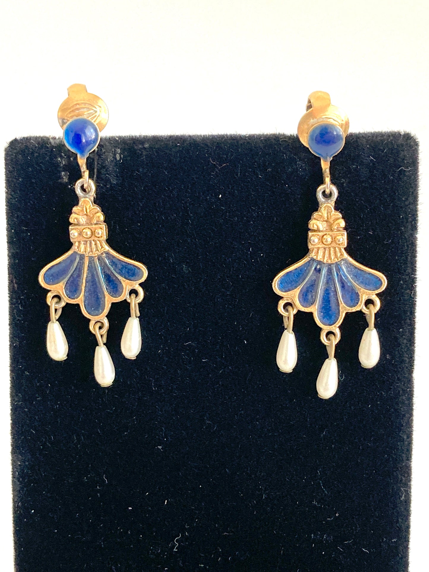 Vintage Blue Enamel, Faux Pearl and Gold-Tone Earrings