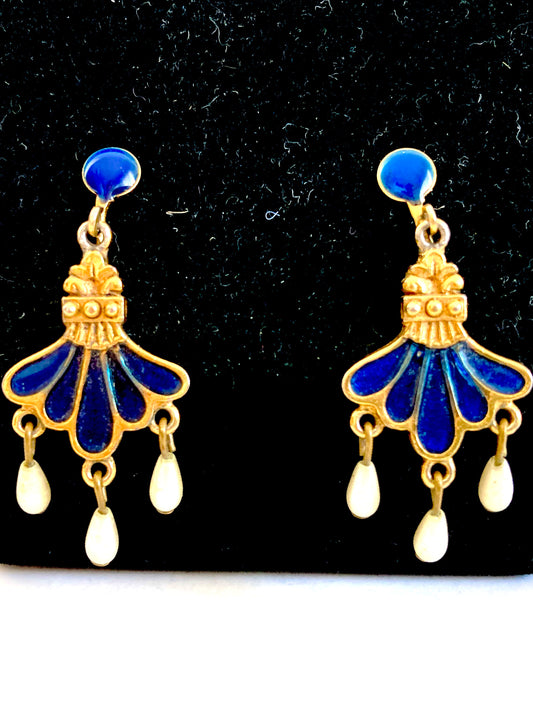 Vintage Blue Enamel, Faux Pearl and Gold-Tone Earrings