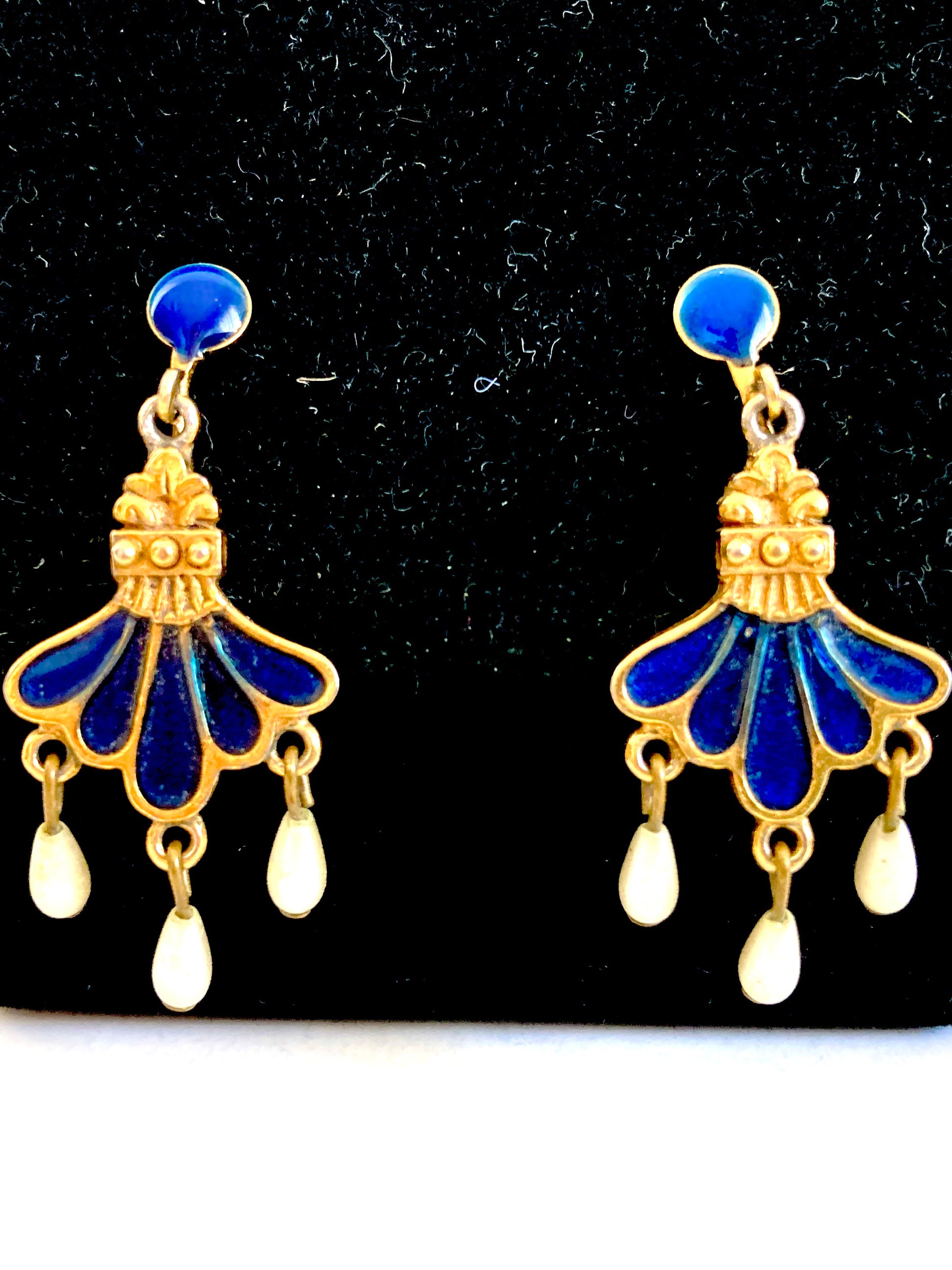 Vintage Blue Enamel, Faux Pearl and Gold-Tone Earrings 