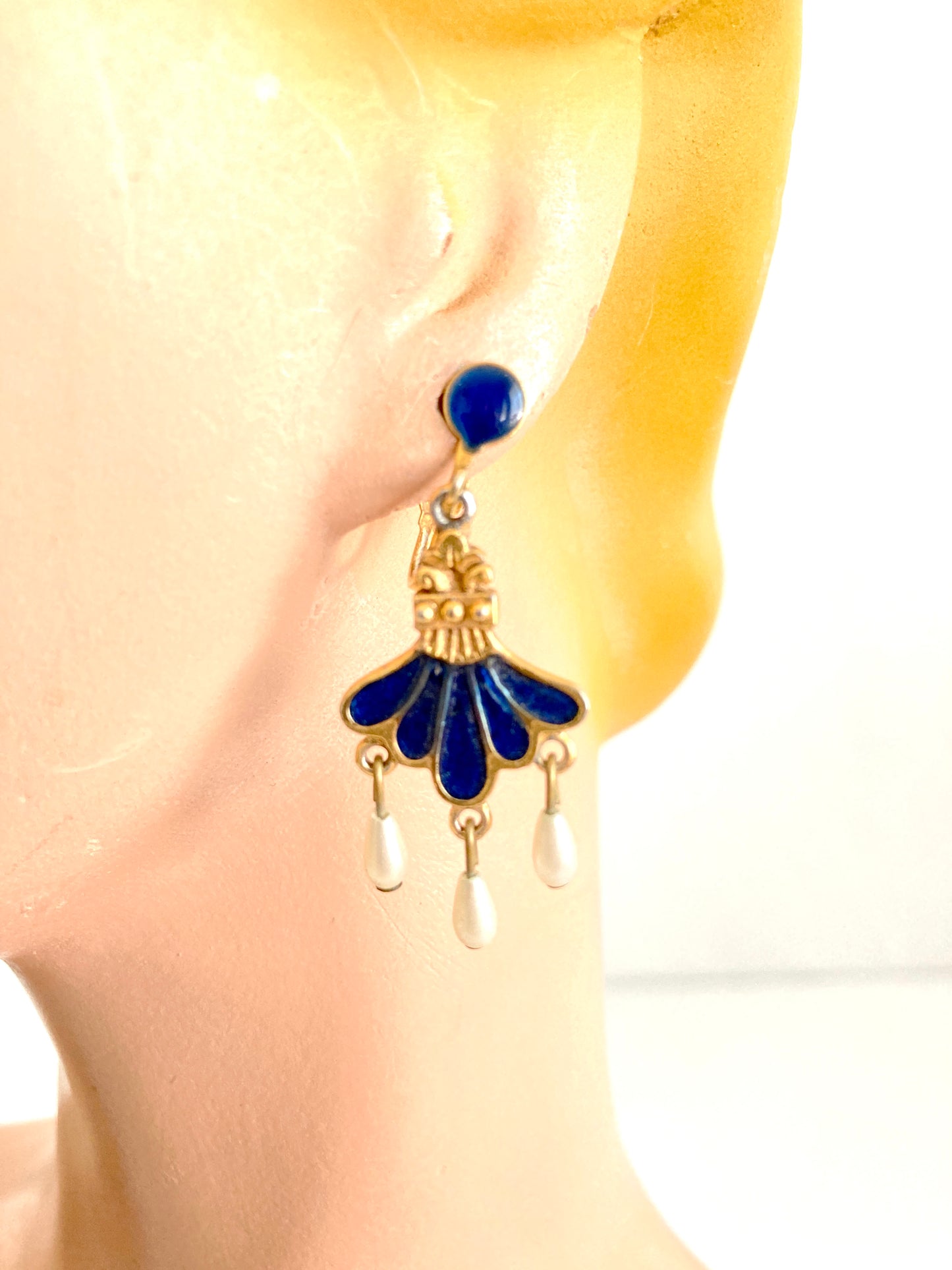Vintage Blue Enamel, Faux Pearl and Gold-Tone Earrings