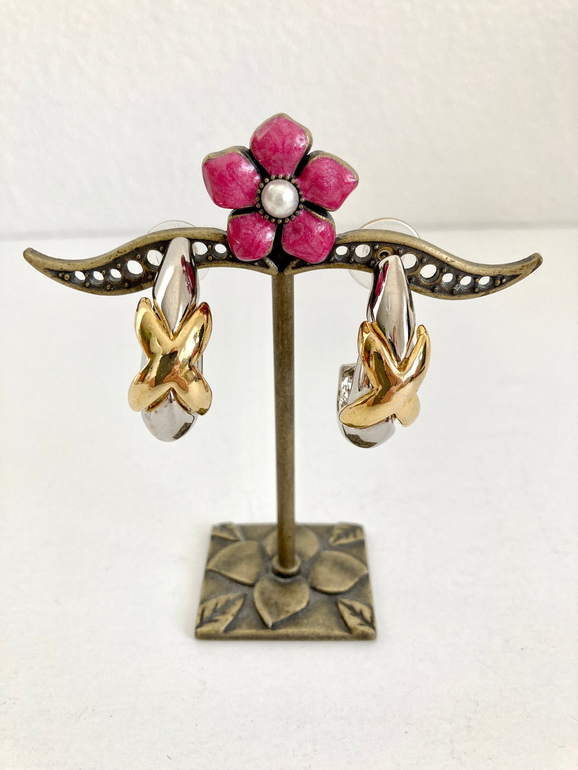 1980s Two Tone Half Hoop Earrings With X