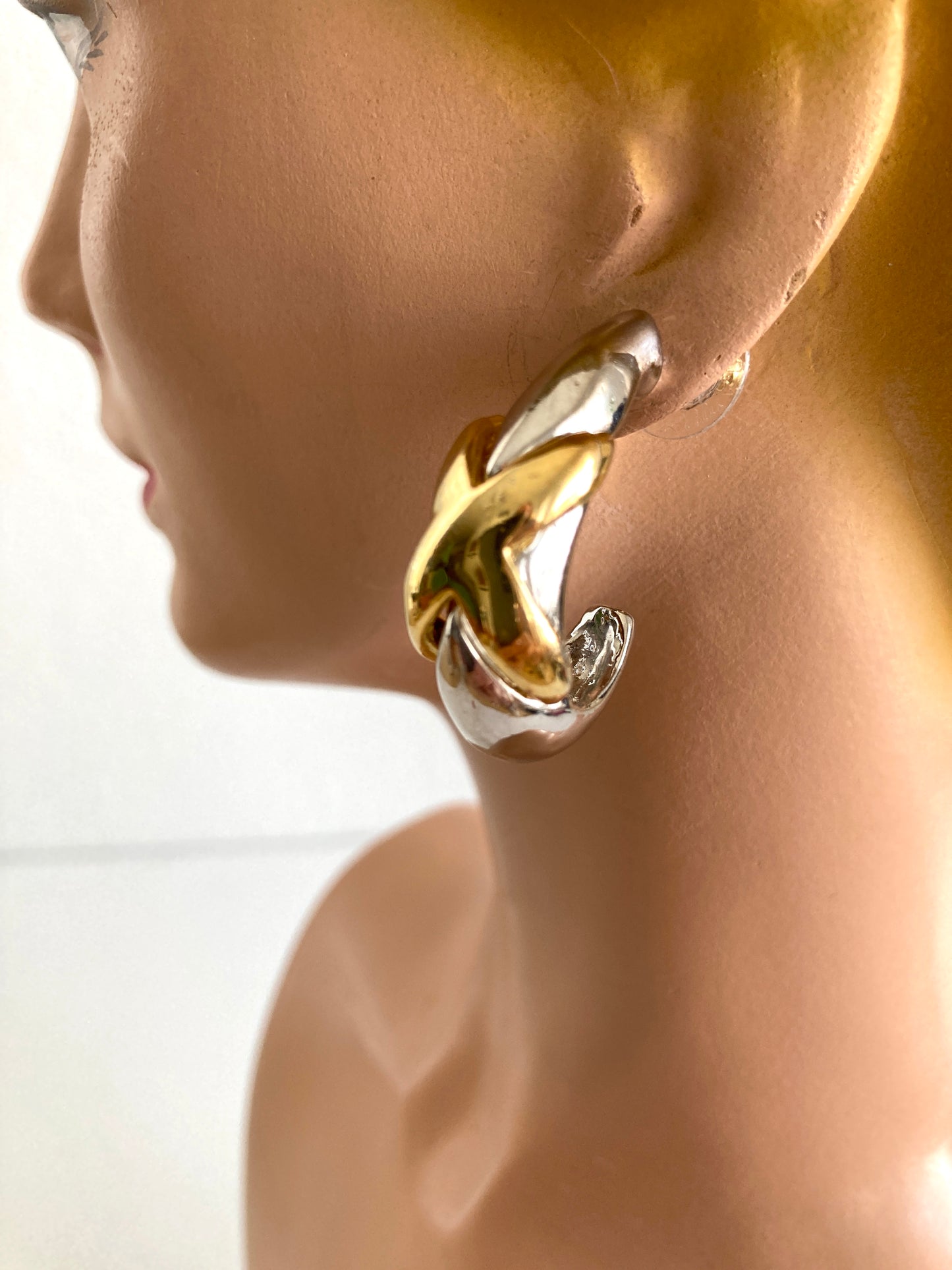 1980s Two Tone Half Hoop Earrings With X