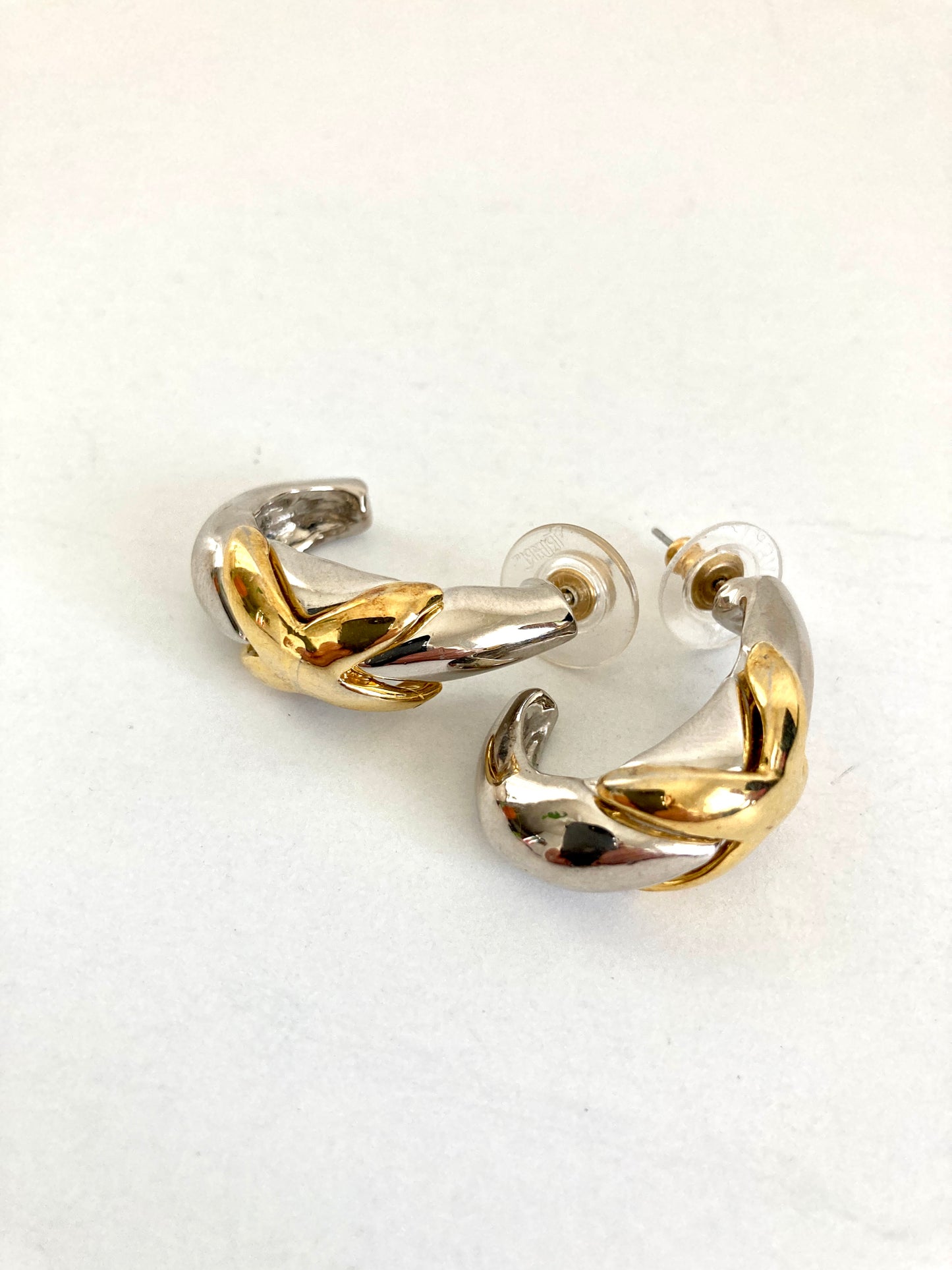 1980s Two Tone Half Hoop Earrings With X
