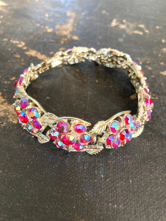 Golden Leaves & Red AB Rhinestone Bracelet by BSK