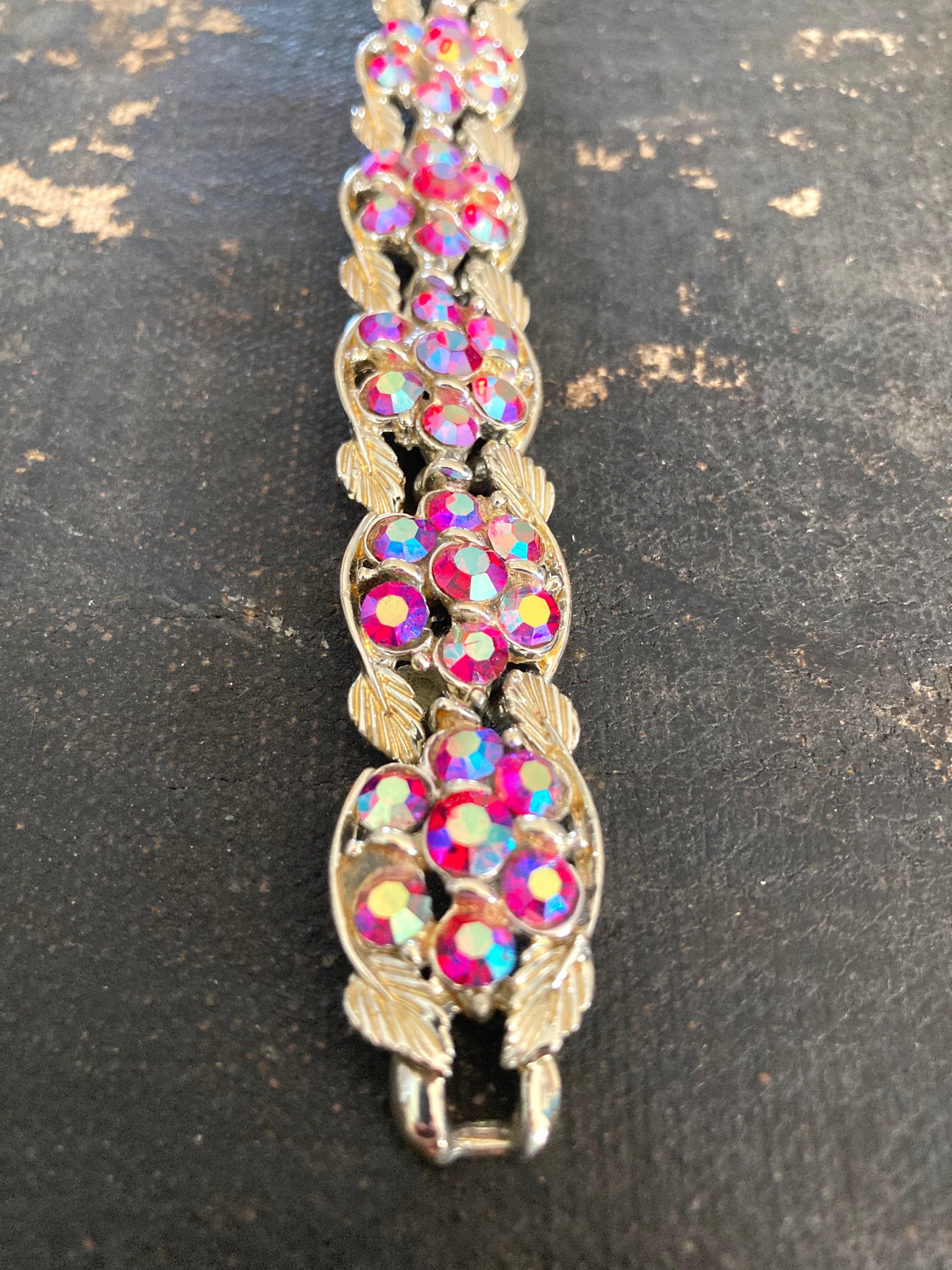 Golden Leaves & Red AB Rhinestone Bracelet by BSK