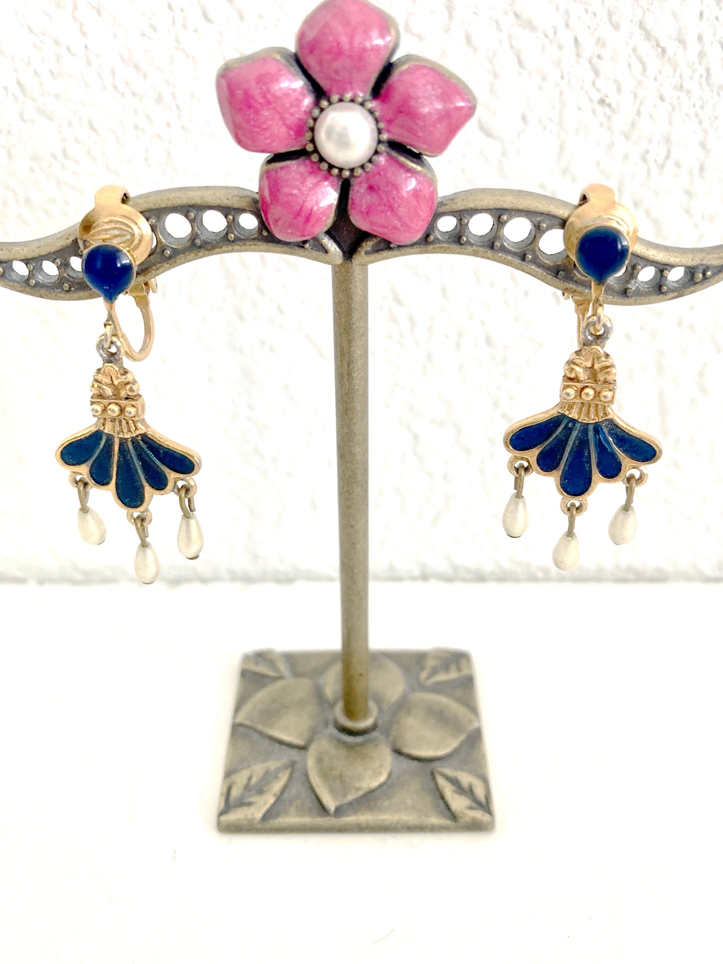 Vintage Blue Enamel, Faux Pearl and Gold-Tone Earrings