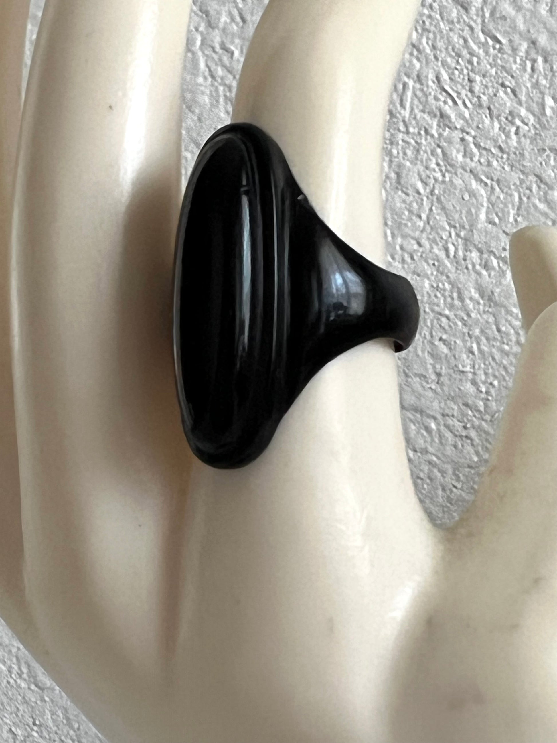 Oblong Lozenge Shape Black Plastic Ring Size 6