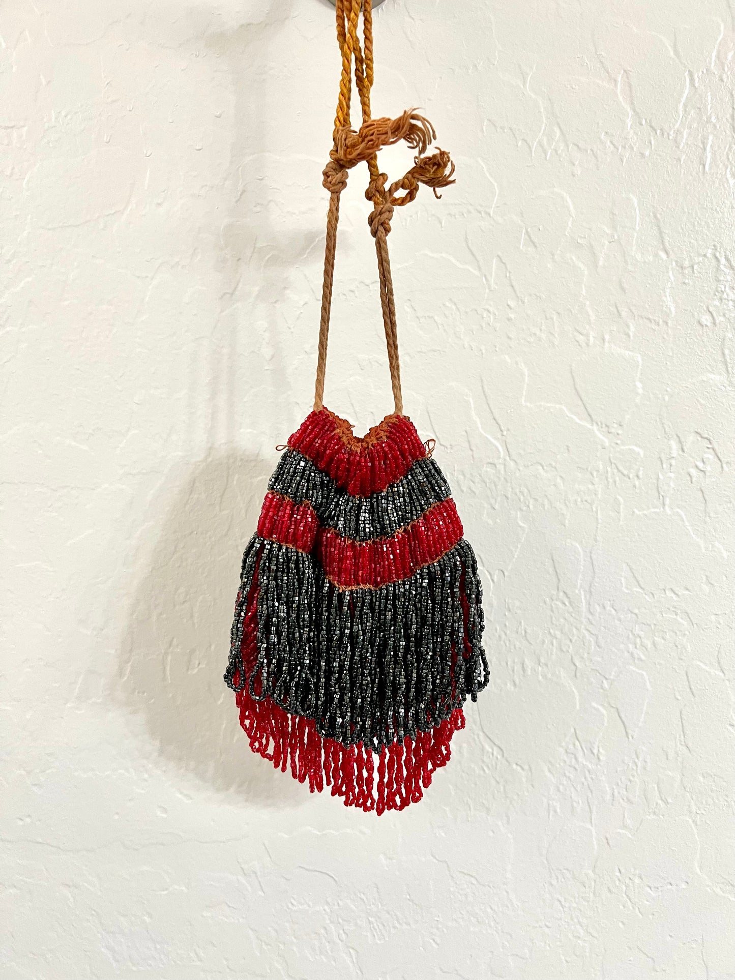 Red and Black Beaded Reticule Drawstring Bag 1920s Flapper Bag Antique