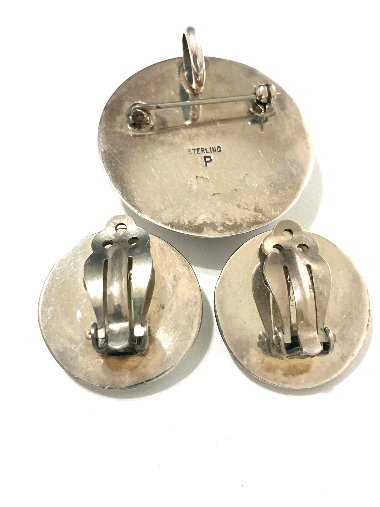 Sterling & MOP Navajo Earrings and Pendant/Brooch Combo Signed
