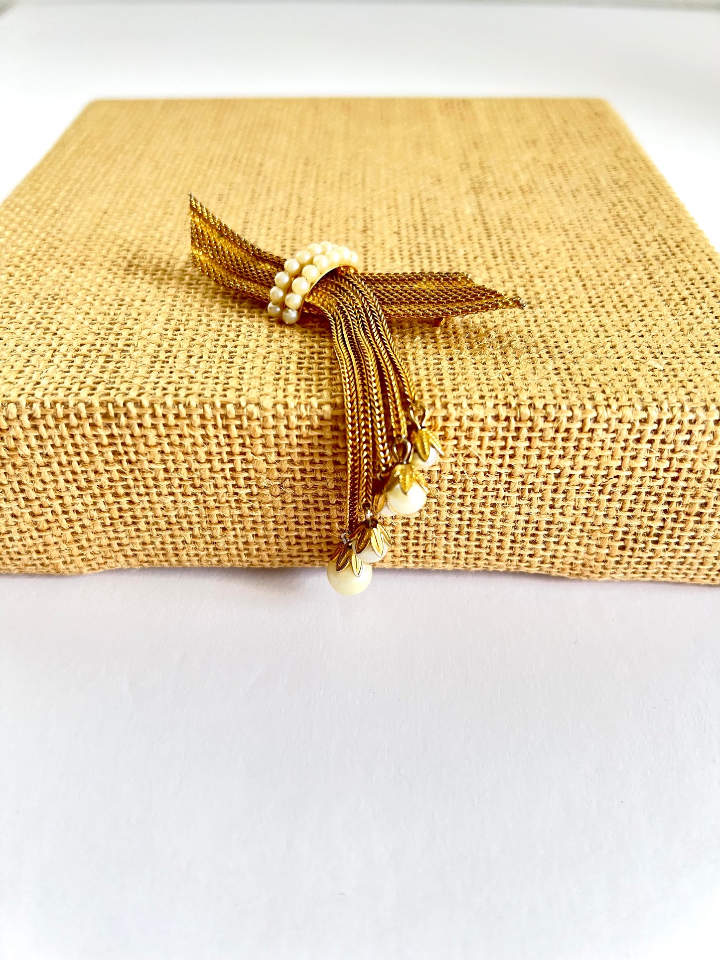Hobe Golden Mesh and Pearl Tassel Brooch