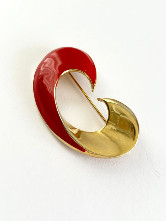 Red Enamel & Gold Tone Swirl Brooch