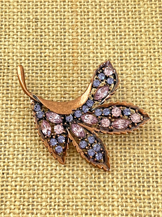 Copper Color Purple Rhinestone Leaf Shaped Brooch