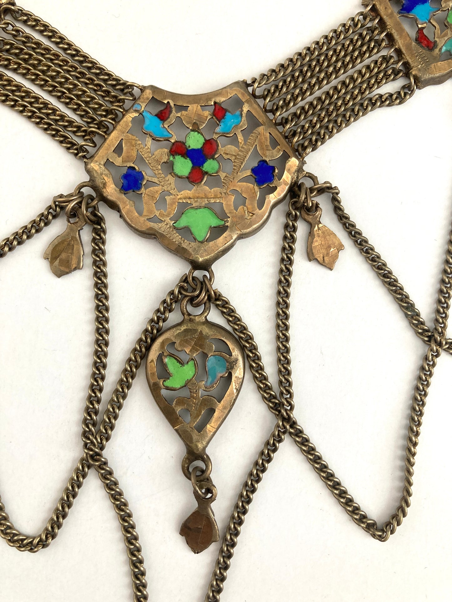 Egyptian Revival Brass Enamel Festoon Necklace