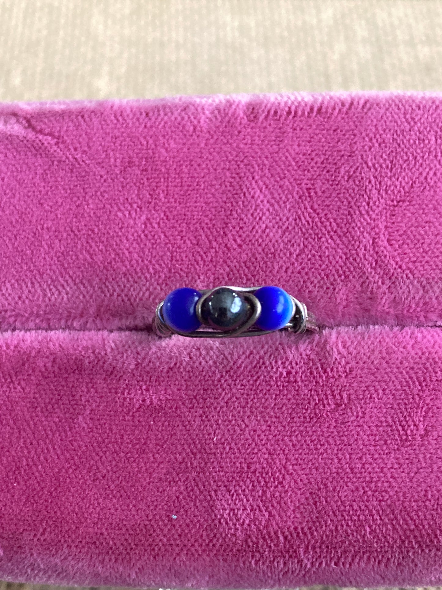 Wire Wrapped Ring Blue Tiger Eye and Hematite