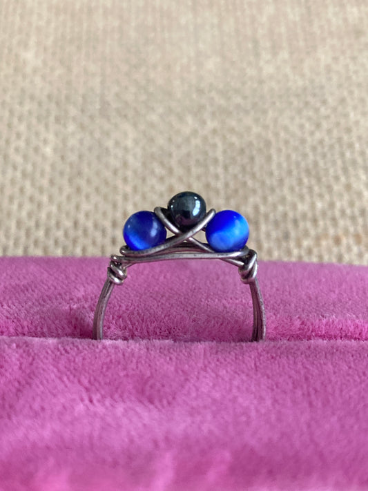 Wire Wrapped Ring Blue Tiger Eye and Hematite
