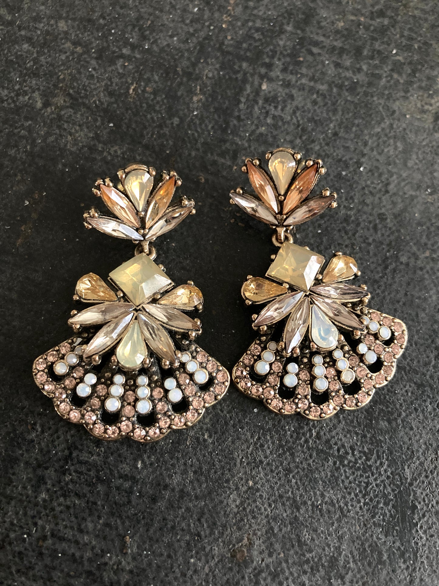 Big Bold Rhinestone Earrings Light Amber and Cream