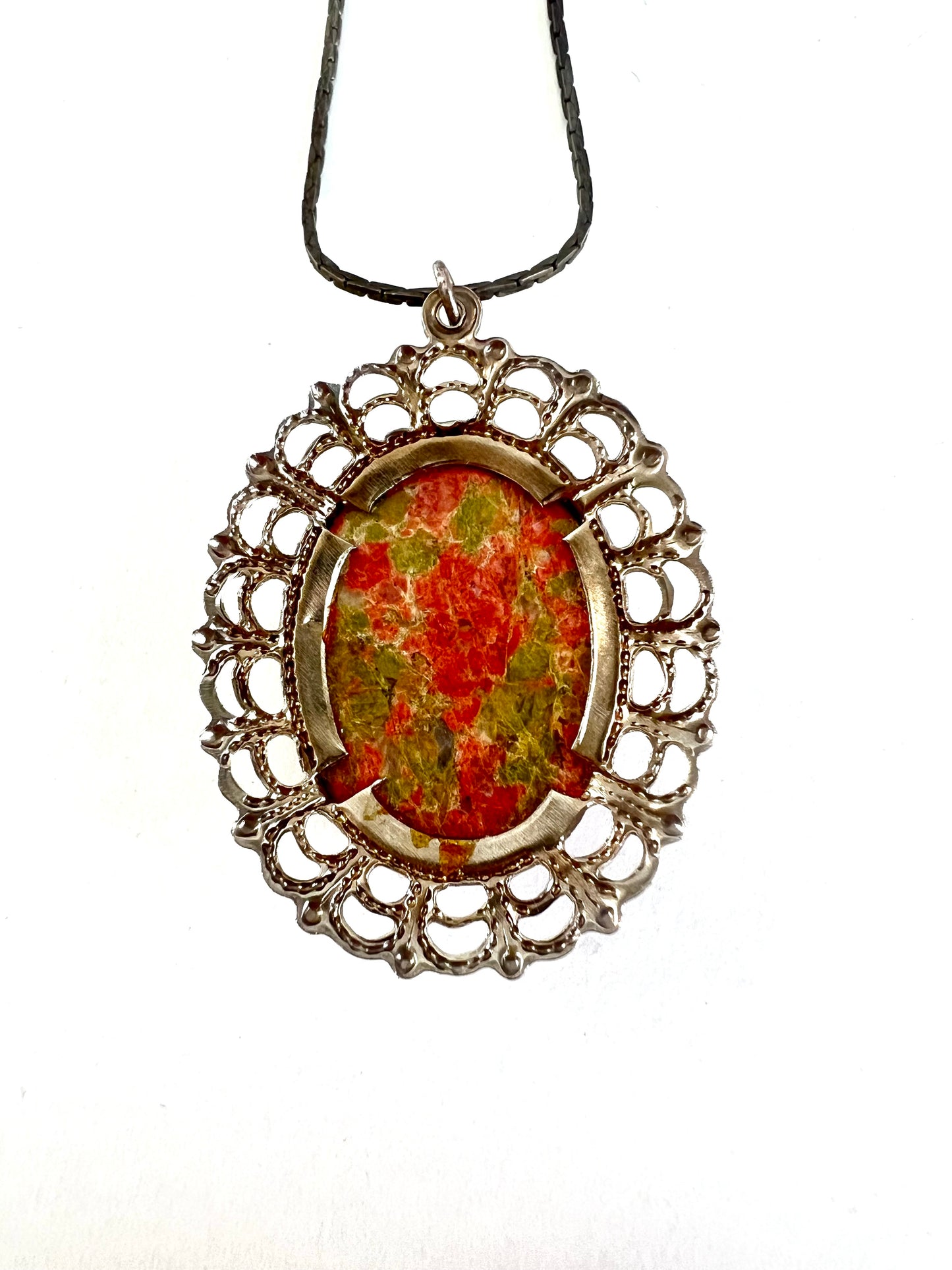 Oval Unakite Pendant Necklace Silver Metal Stamped Frame