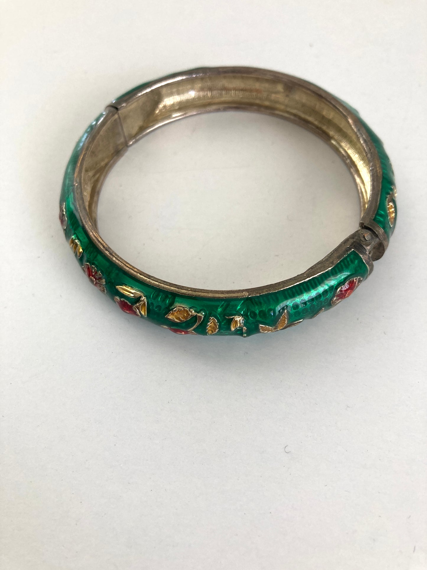 Green Enamel Hinge Bracelet W/Red Flowers