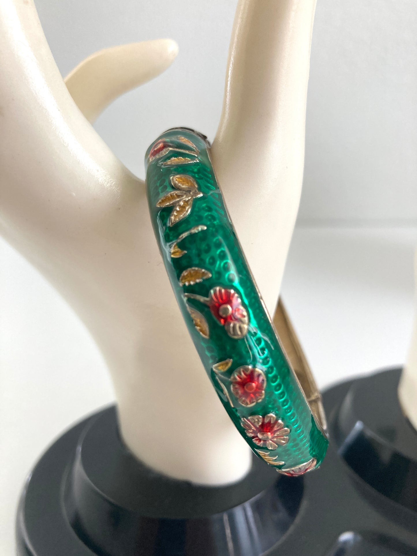 Green Enamel Hinge Bracelet W/Red Flowers