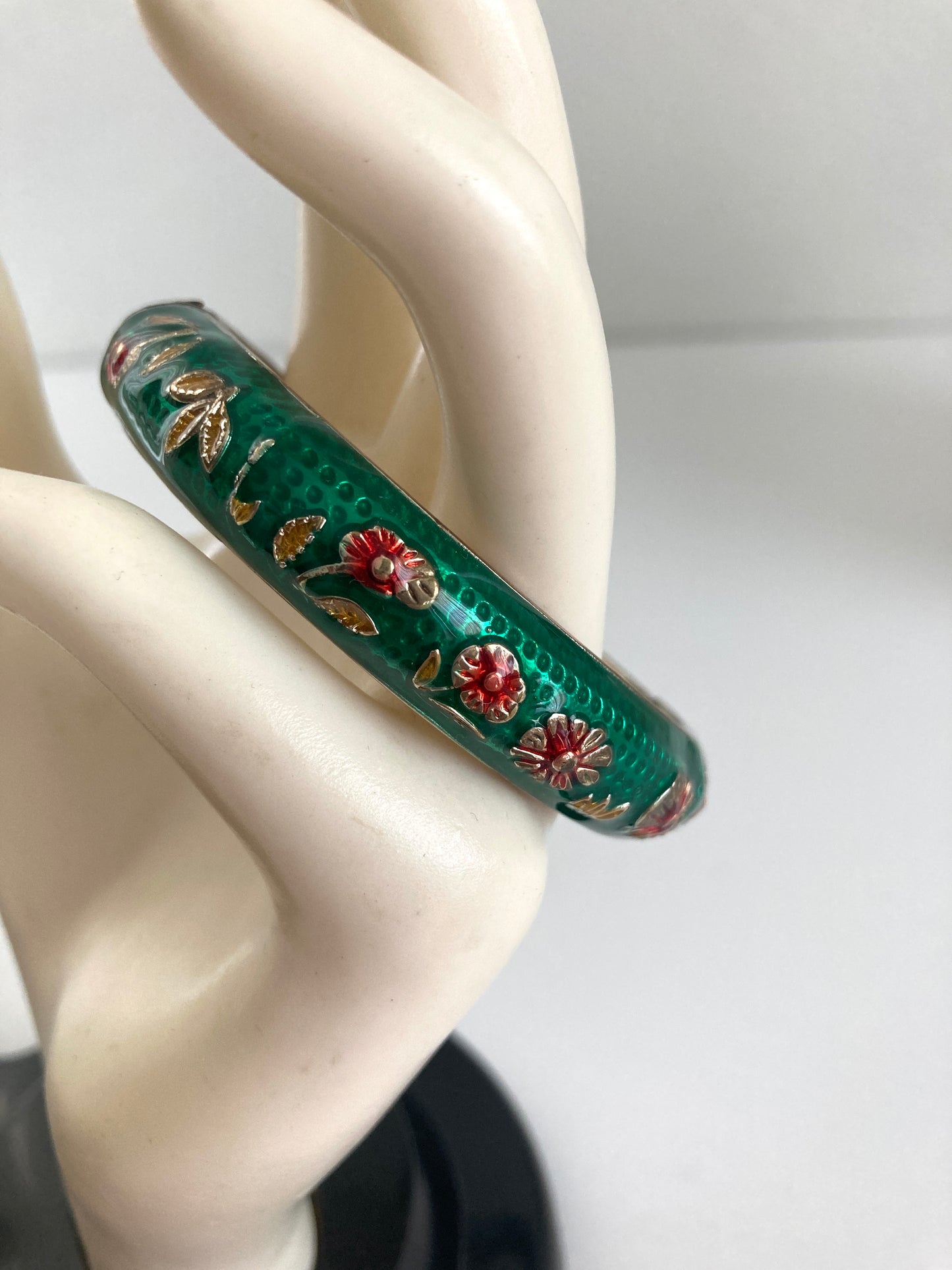 Green Enamel Hinge Bracelet W/Red Flowers