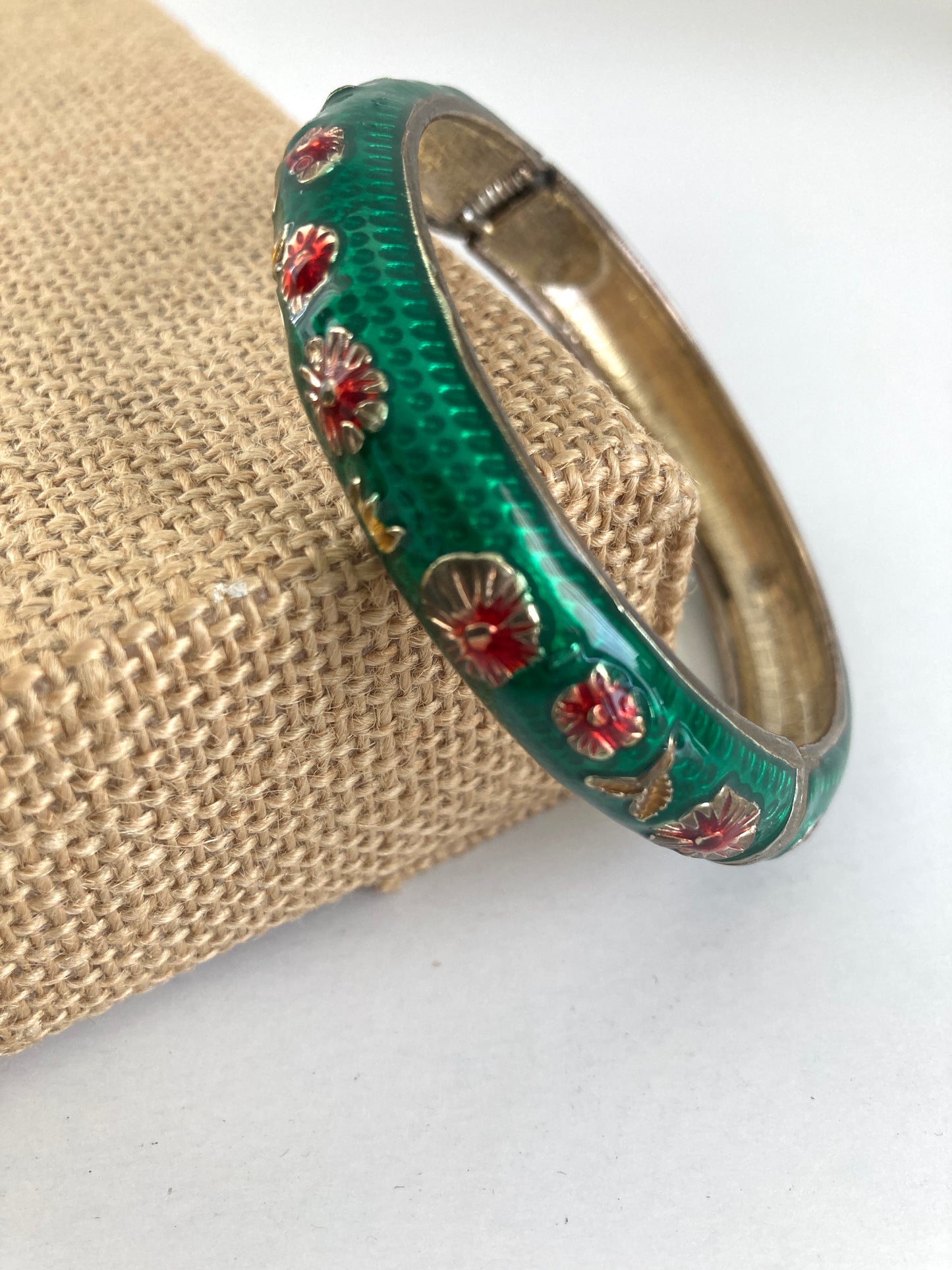 Green Enamel Hinge Bracelet W/Red Flowers
