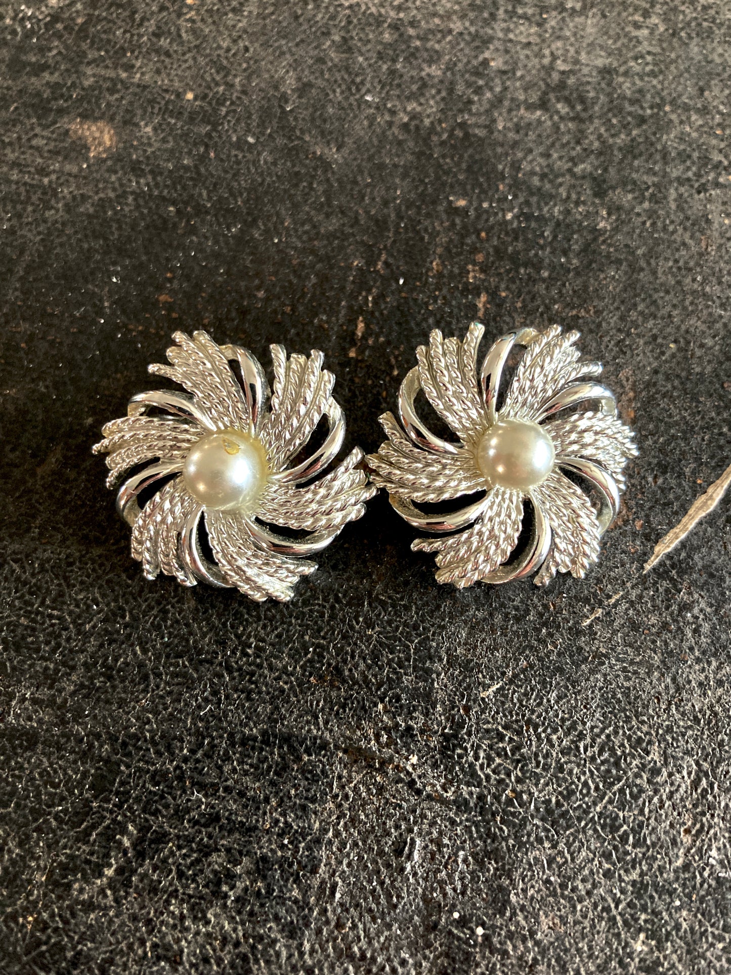 Silver Swirl Earrings w/Pearl Centers Sarah Coventry