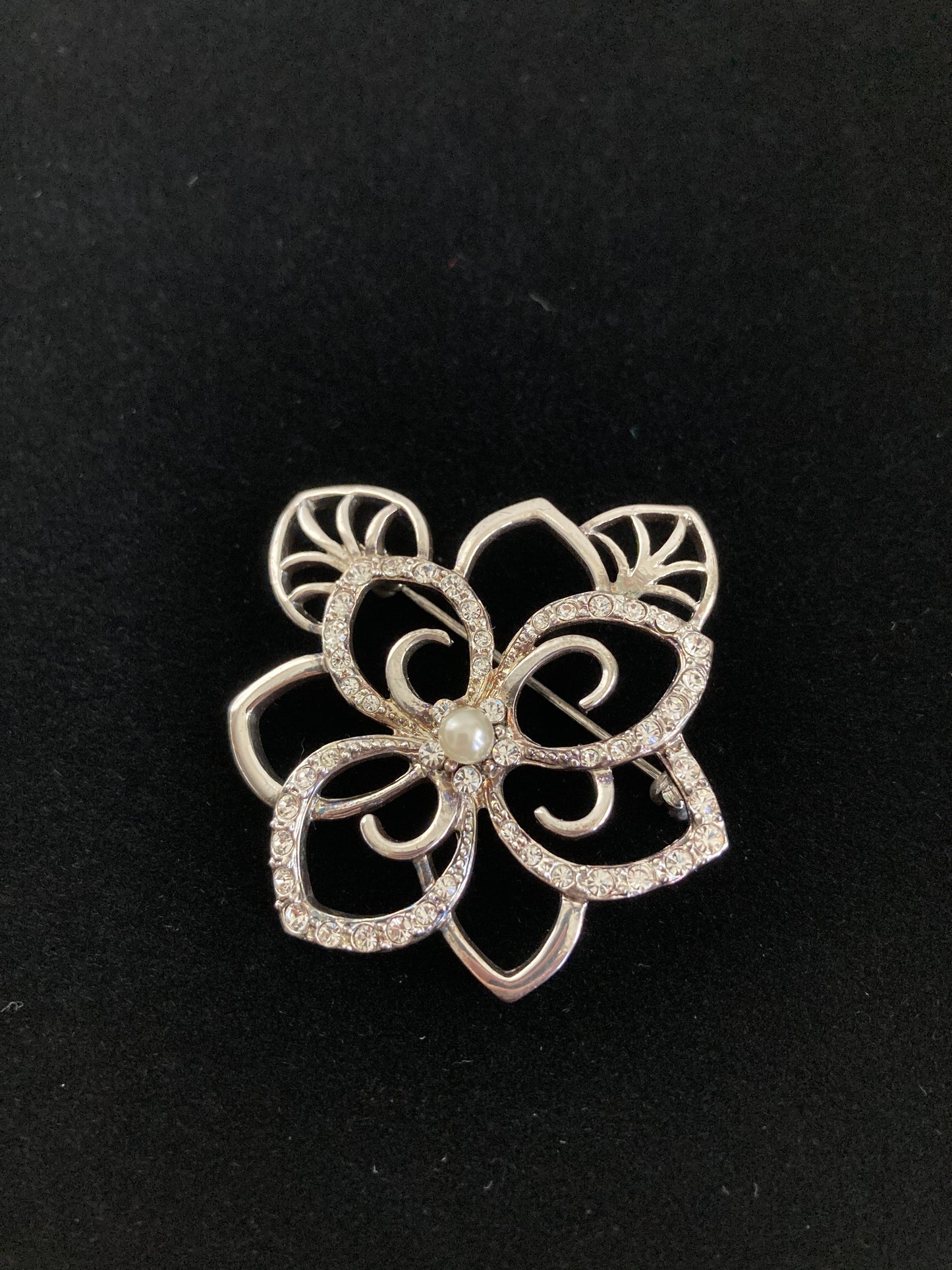 Silver & Crystal Open Flower Brooch Monet