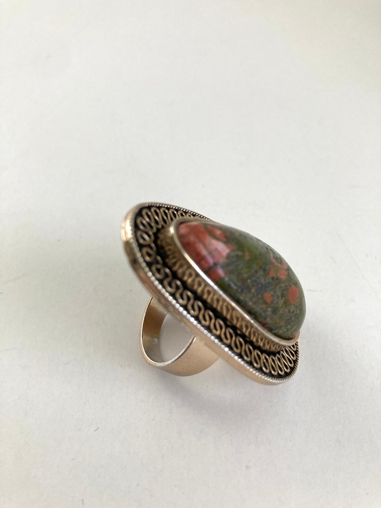 Large Unakite Ring Teardrop Shape