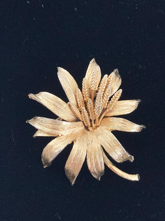 Vintage Textured Gold Large Flower Brooch by BSK