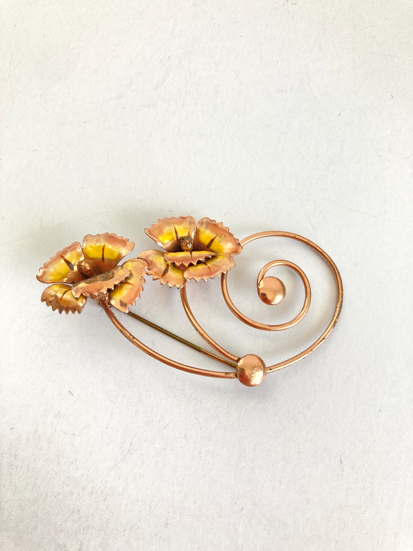 Vintage Double Flower Enamel Vermeil Swirl Brooch