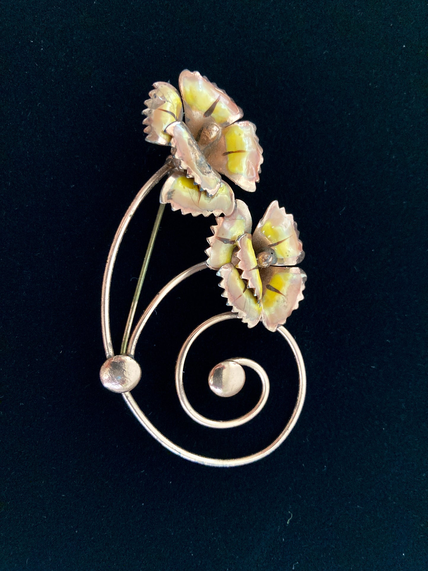 Vintage Double Flower Enamel Vermeil Swirl Brooch