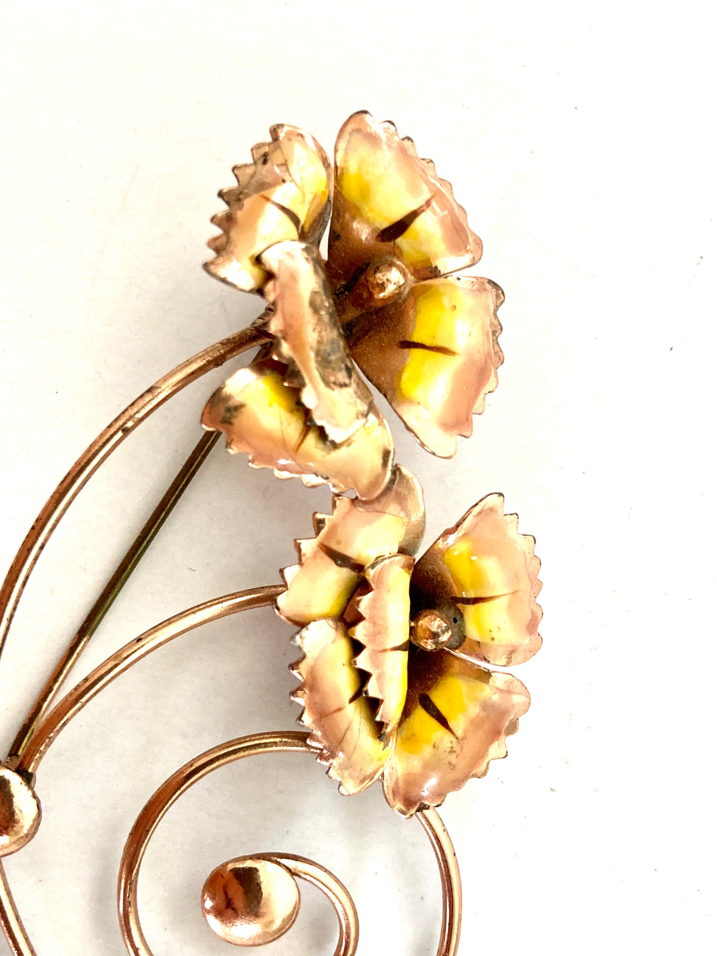 Vintage Double Flower Enamel Vermeil Swirl Brooch