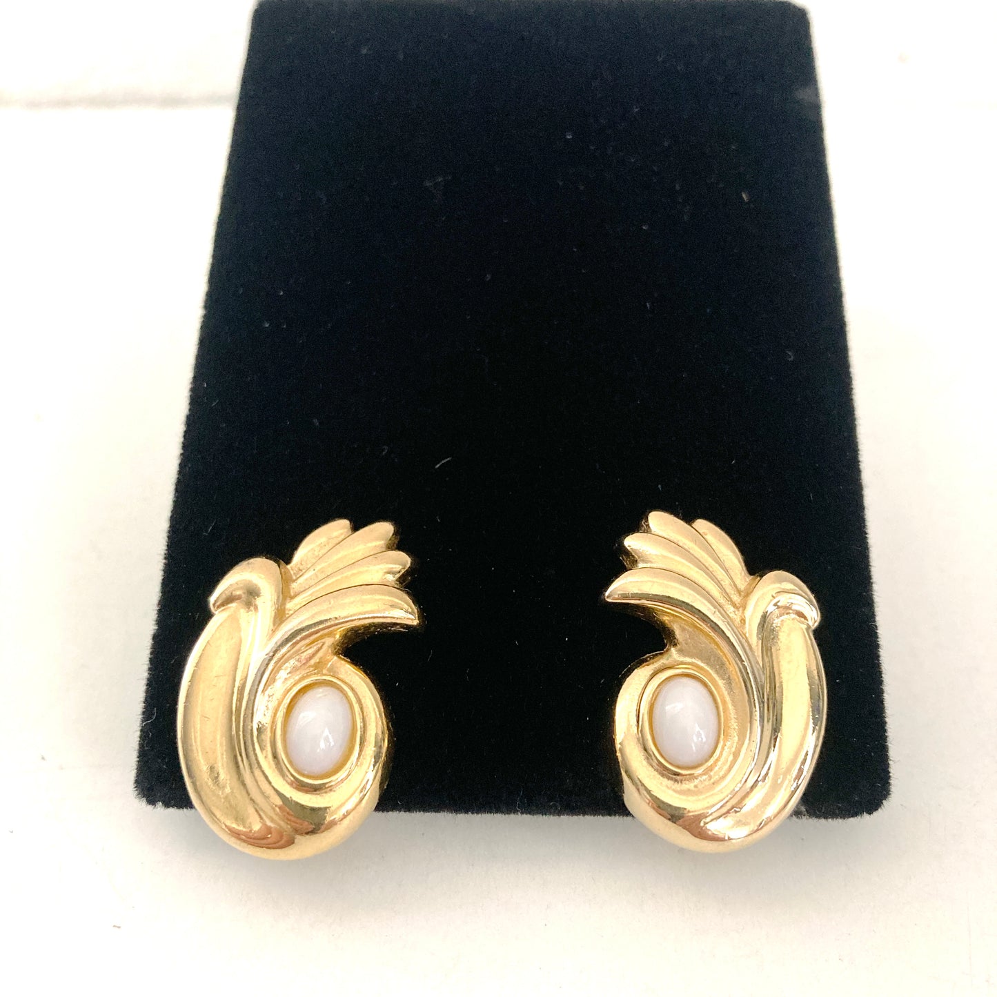 Givenchy Gold Tone Clip On Earrings Milk Glass Cabochons
