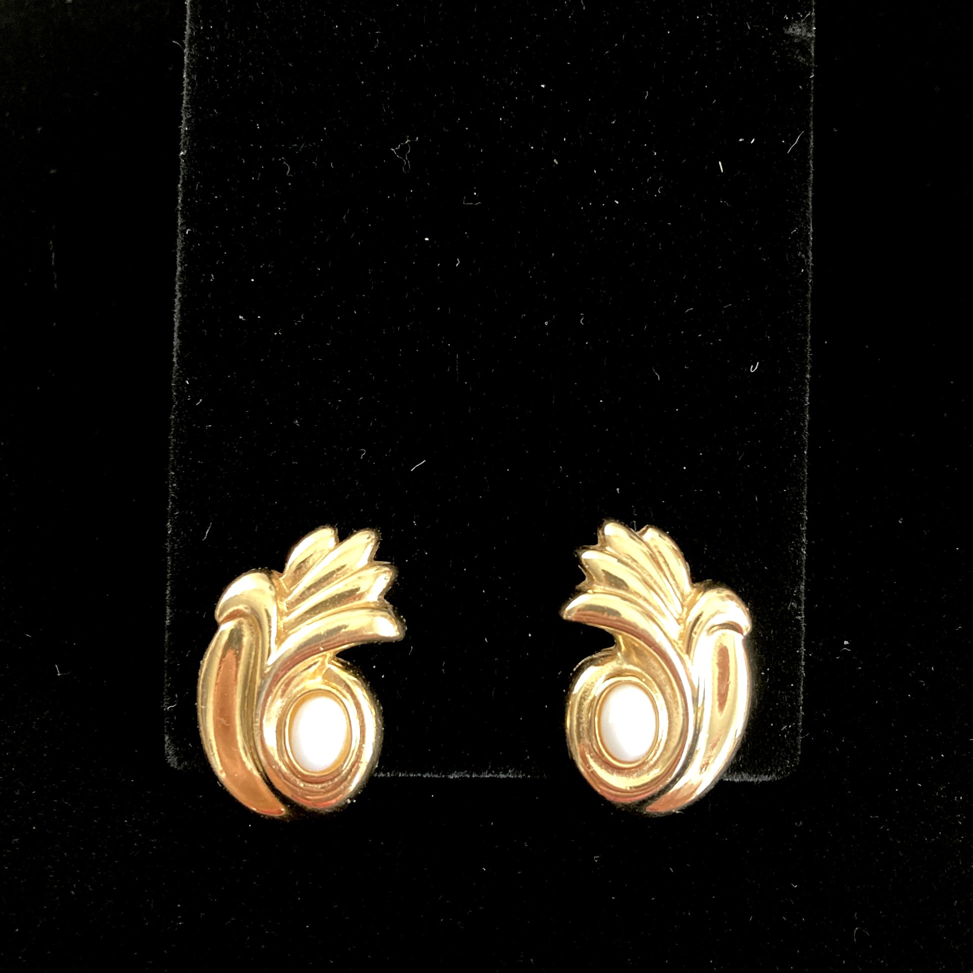 Givenchy Gold Tone Clip On Earrings Milk Glass Cabochons