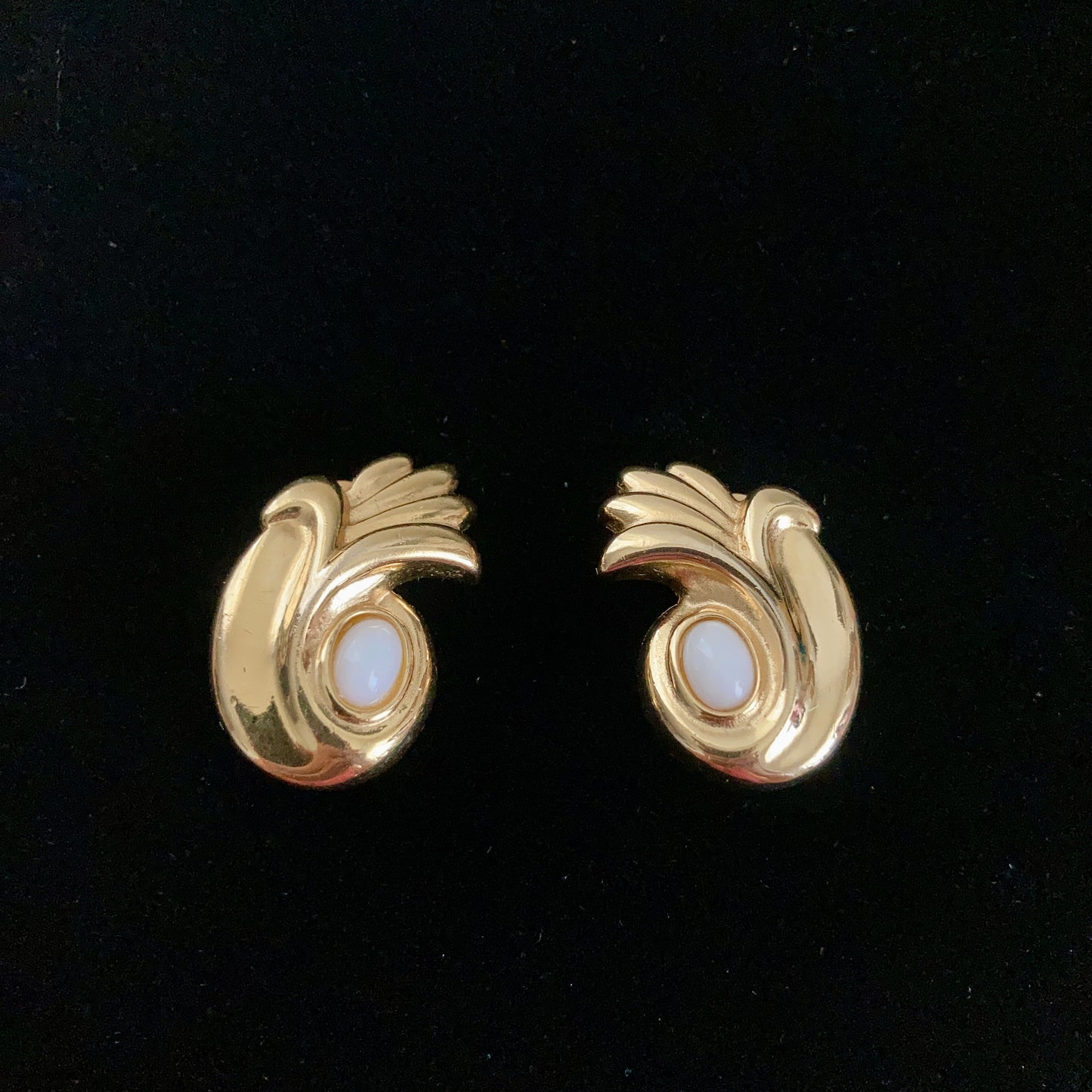Givenchy Gold Tone Clip On Earrings Milk Glass Cabochons