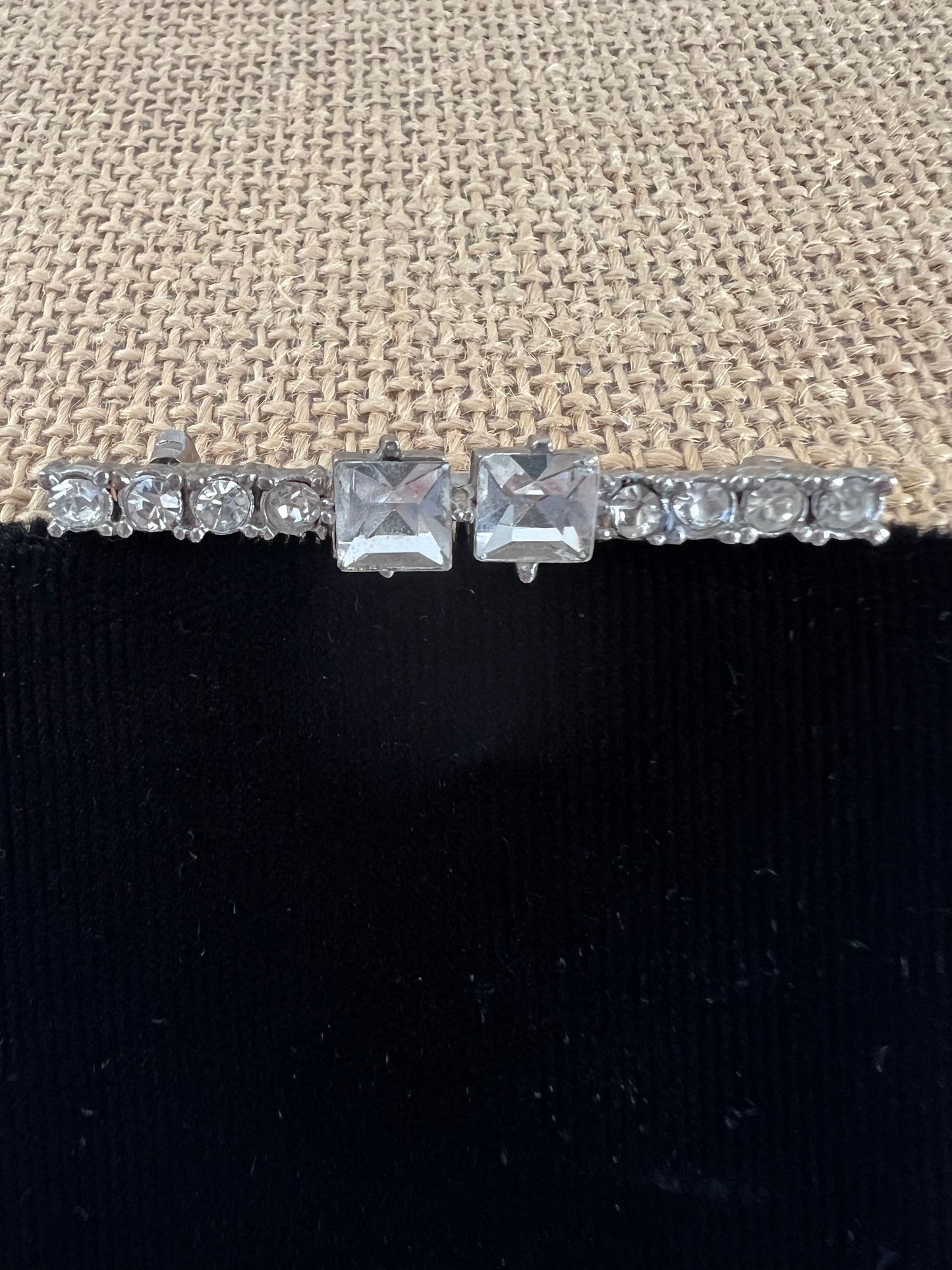 Rhinestone Silver Tone Antique Bar Brooch Emerald Cut Prong Set Stones