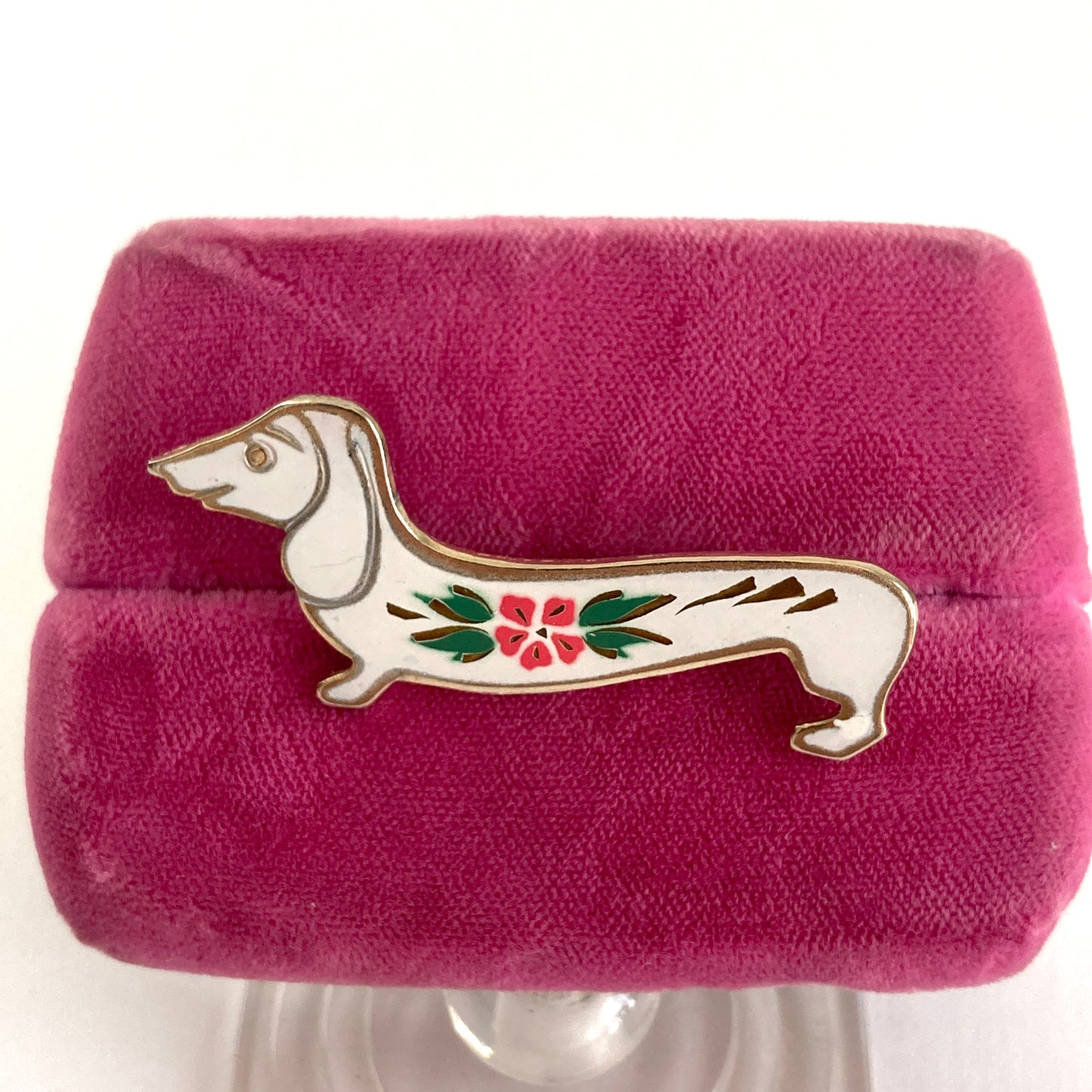 Enamel Dachshund Brooch, White w/ Pink and Green Flower and Leaves