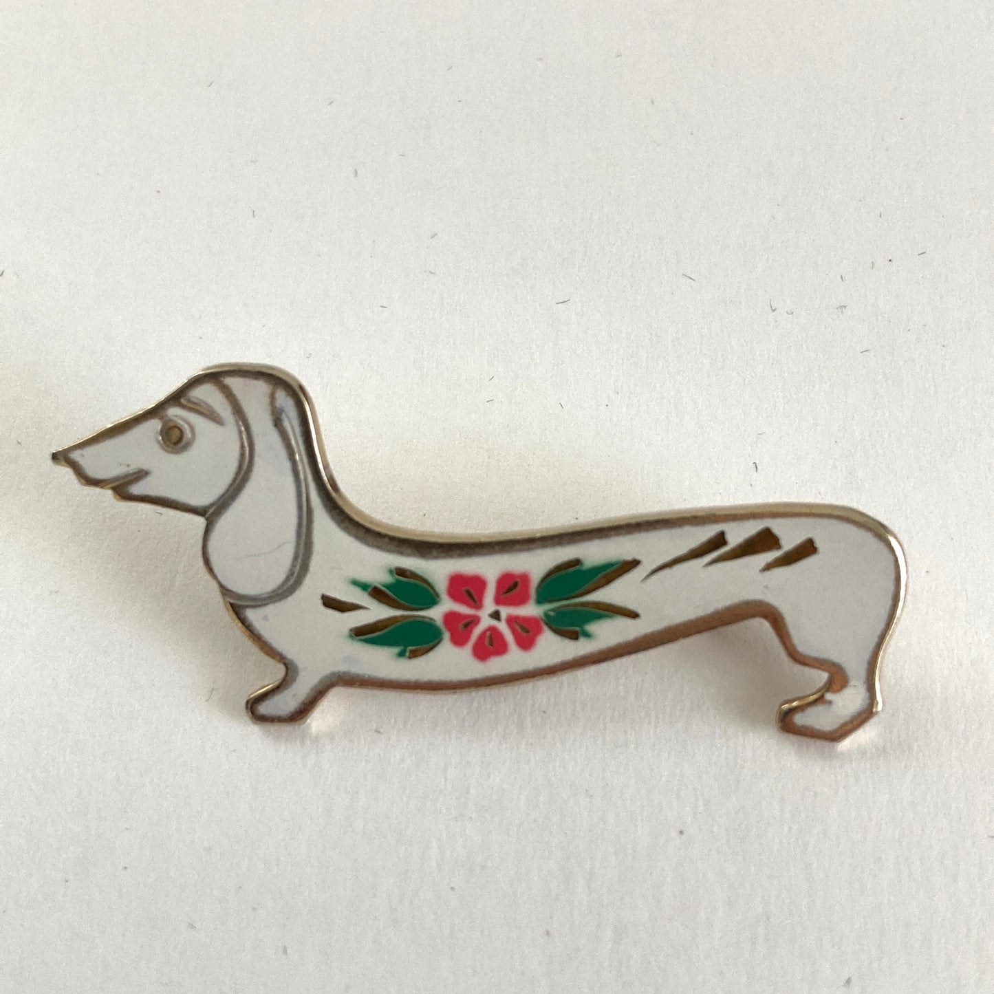 Enamel Dachshund Brooch, White w/ Pink and Green Flower and Leaves