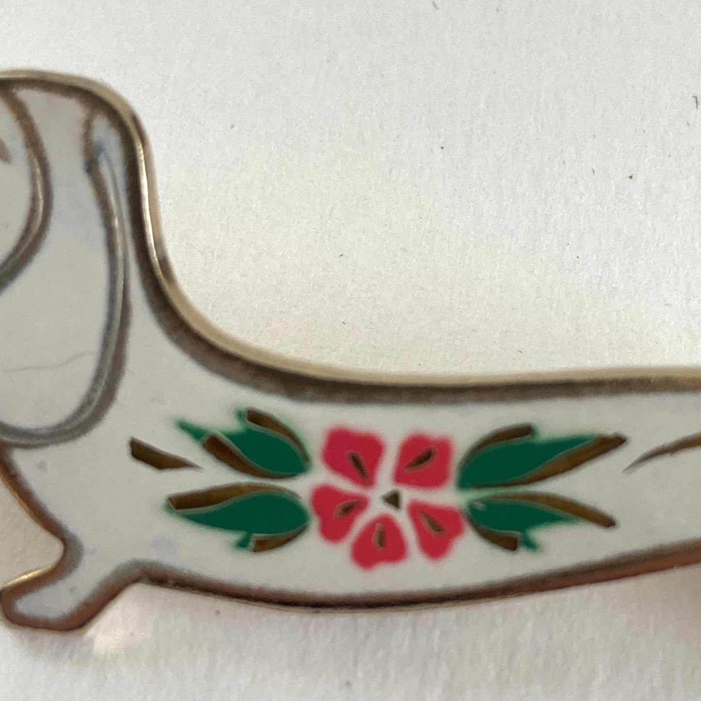 Enamel Dachshund Brooch, White w/ Pink and Green Flower and Leaves