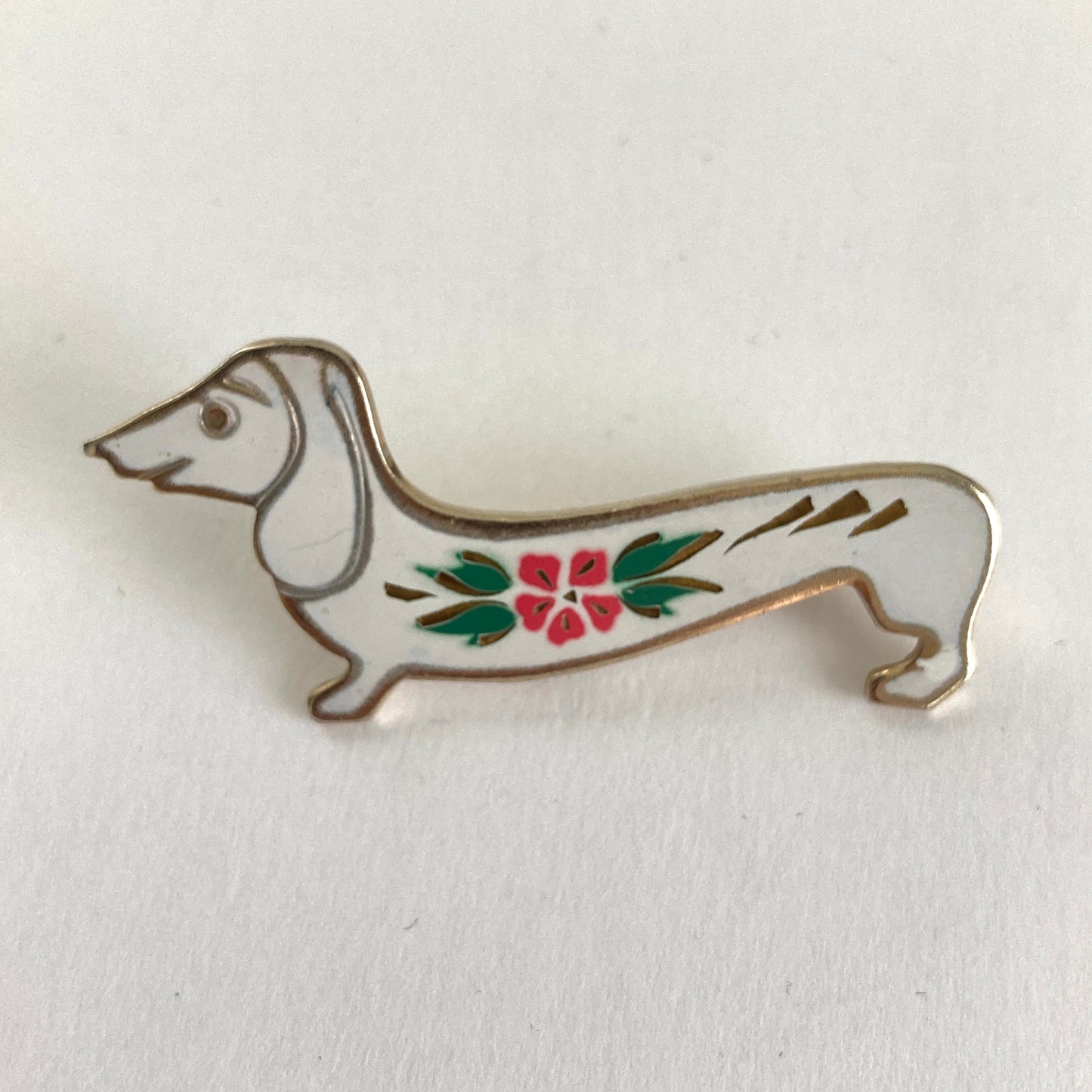 Enamel Dachshund Brooch, White w/ Pink and Green Flower and Leaves
