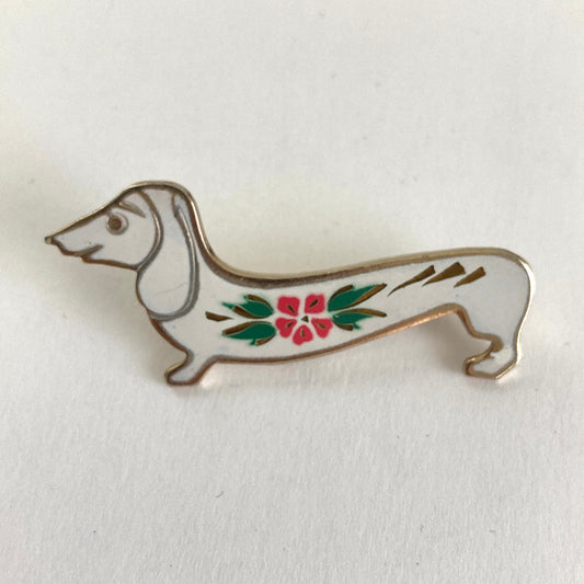 Enamel Dachshund Brooch, White w/ Pink and Green Flower and Leaves